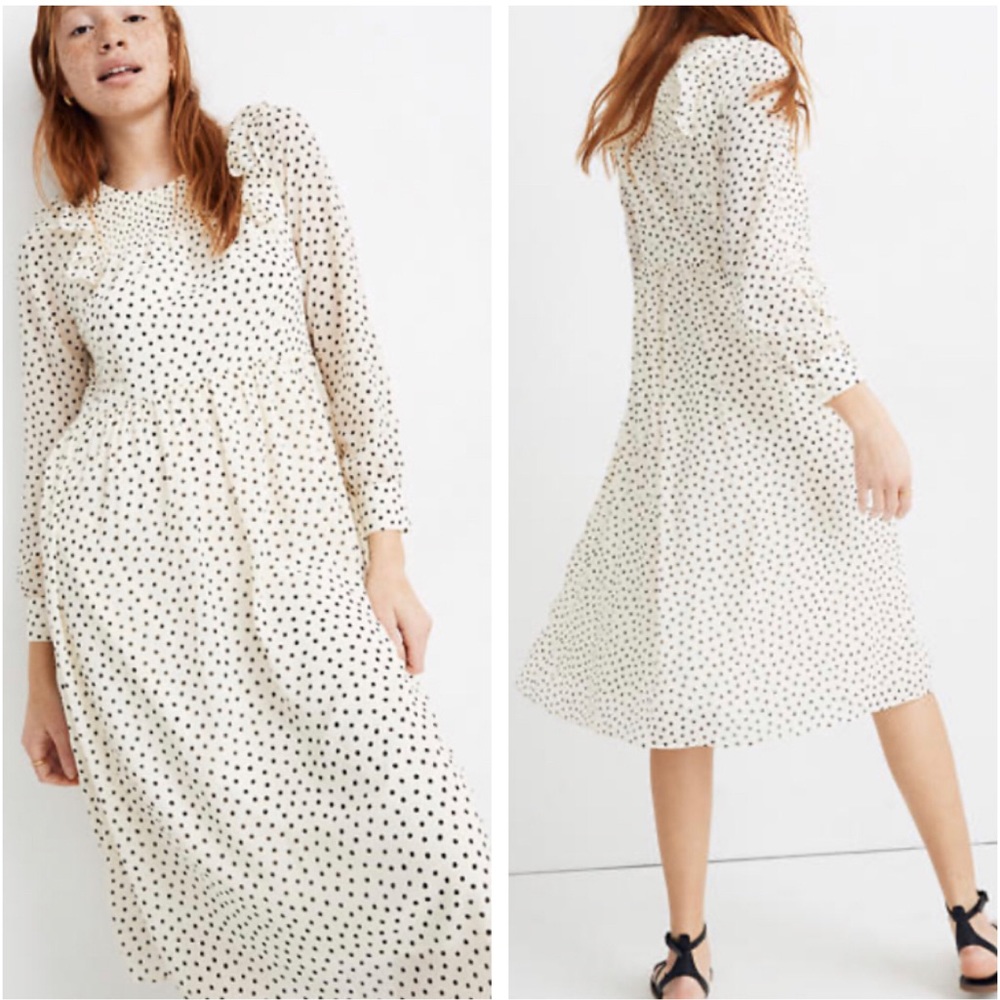 New Madewell Smocked Ruffle Shoulder Midi Dress Polka Dot Modest Minimalist Mod